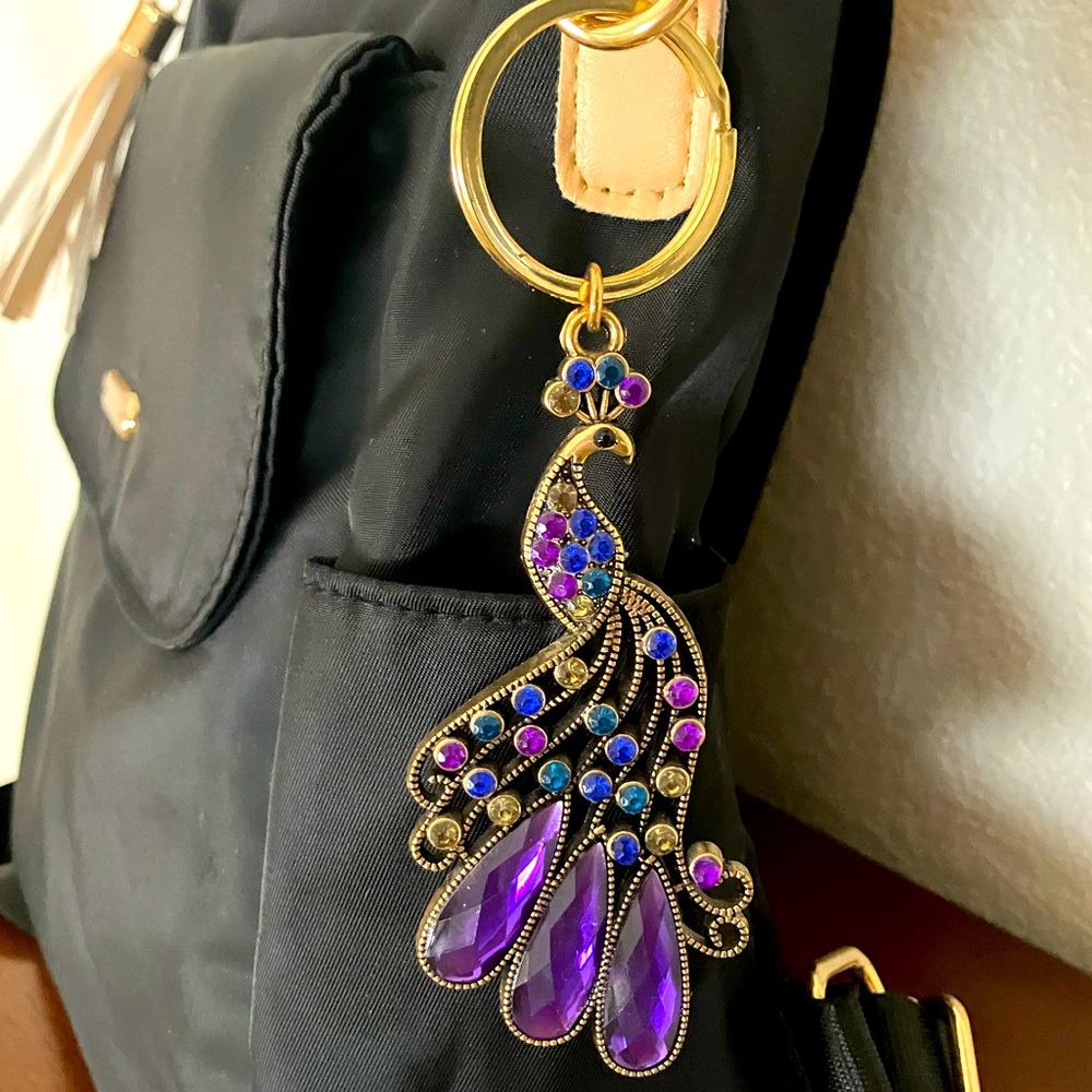 Peacock bag charm keychain in gold for purse, key ring or backpack